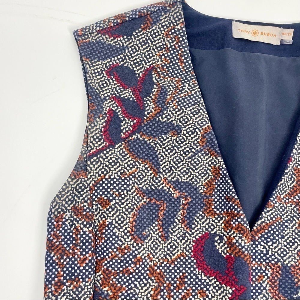 Tory Burch Calico‎ Pixelated Blue Neutral V-Neck Floral Fit n’ Flare Dress Sz XS - Picture 11 of 11